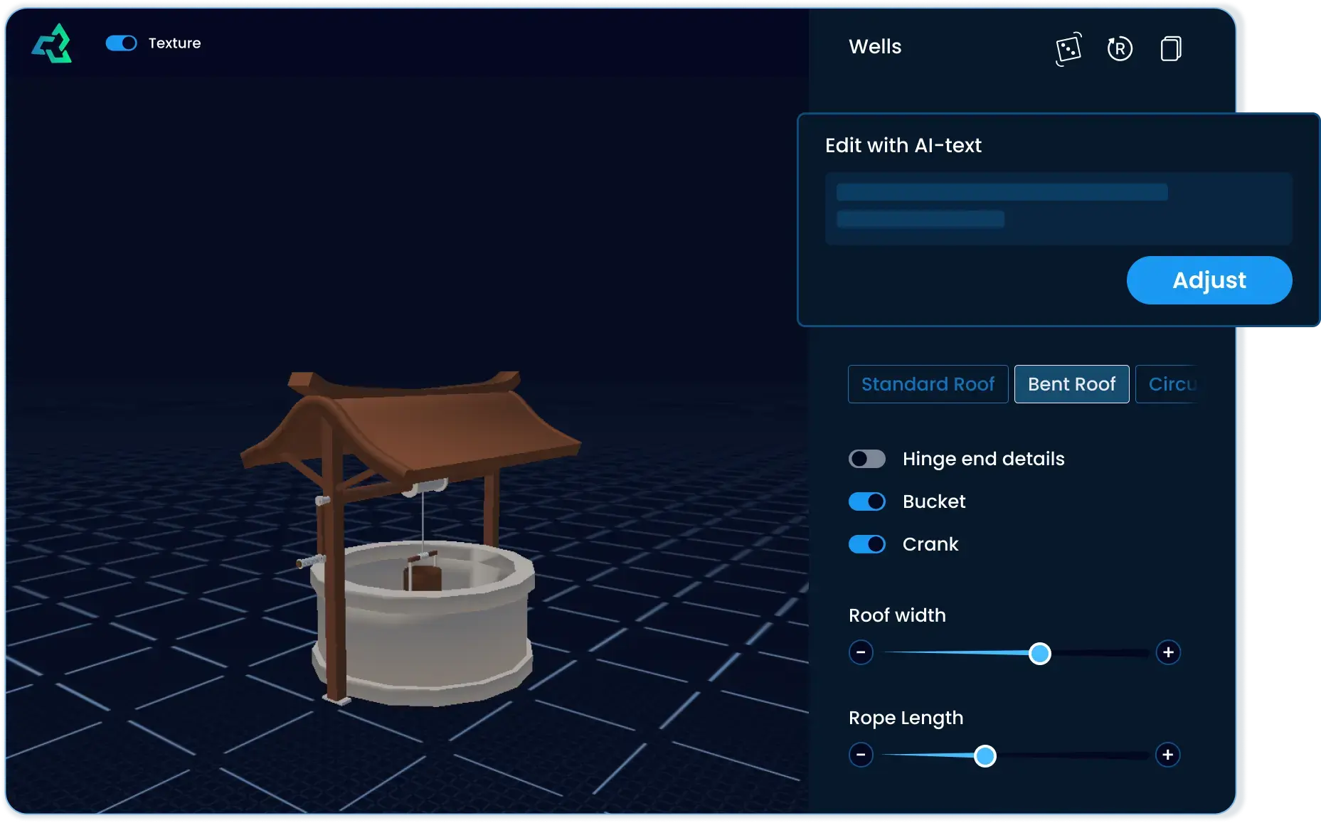 Controles de personalización para una plantilla de modelo 3D