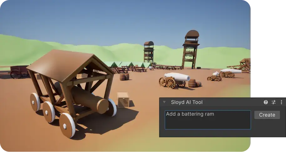 Escena de Unity con activos de asedio medieval generados por Sloyd