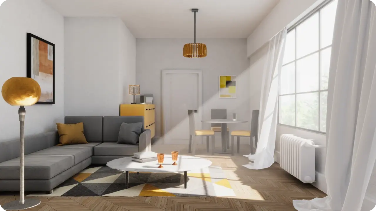 Escena de sala de estar renderizada a partir de plantillas de Sloyd