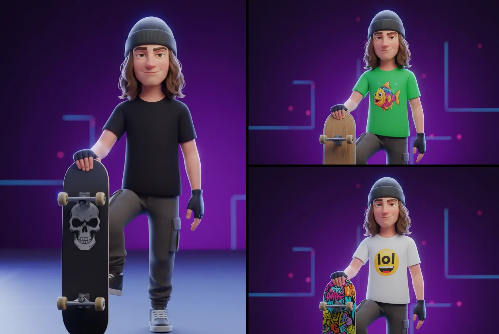 Skateboard character variations generated in a consistent style