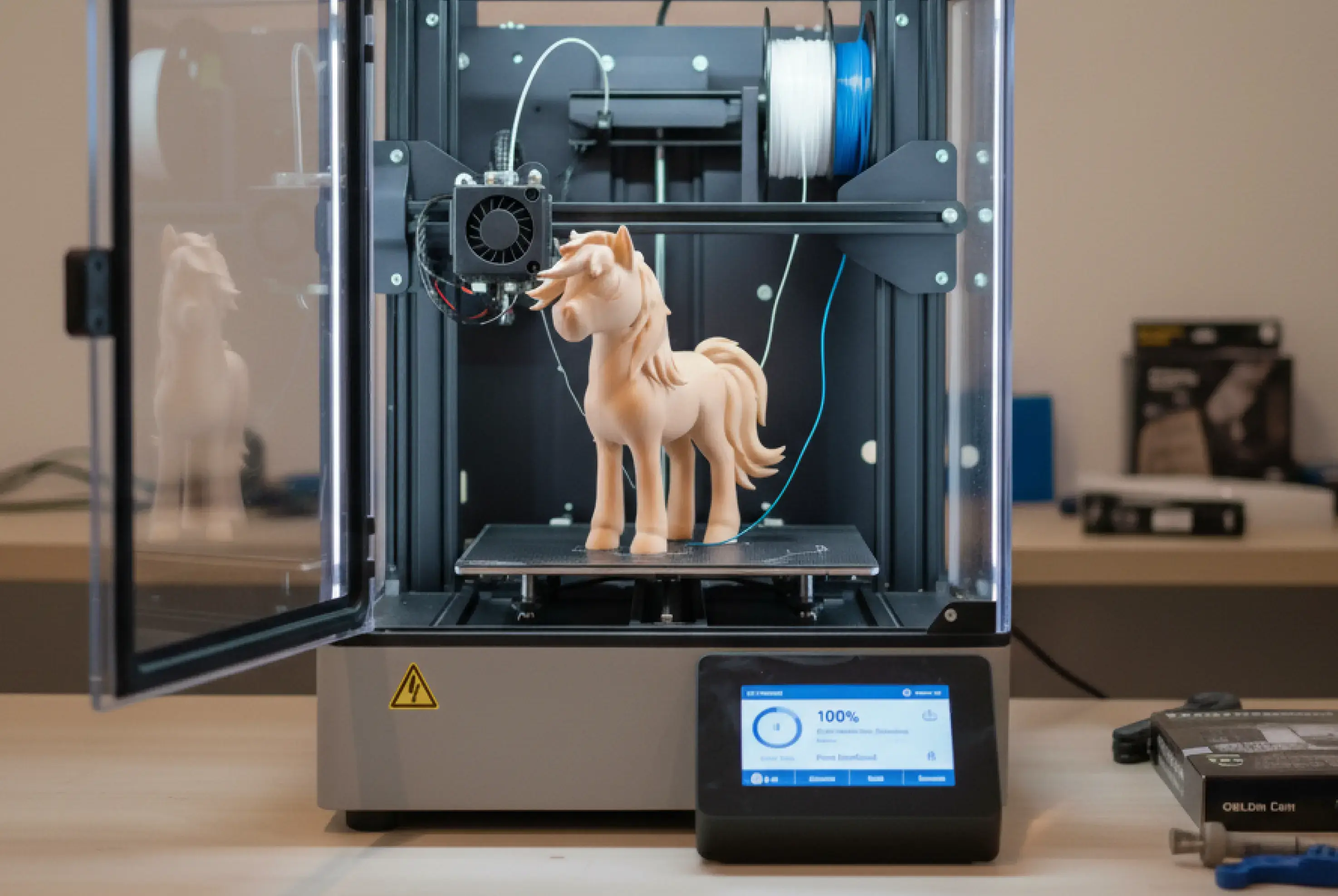 Impresora 3D imprimiendo una pequeña figura de unicornio