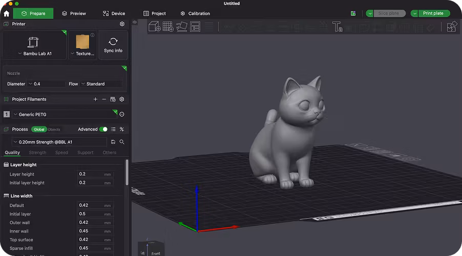 Laminador de impresión 3D mostrando un modelo de gato generado por Sloyd
