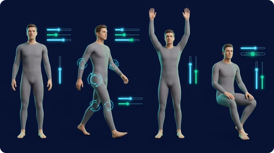 Controles de pose de humanos 3D para brazos, piernas, columna, manos y cabeza