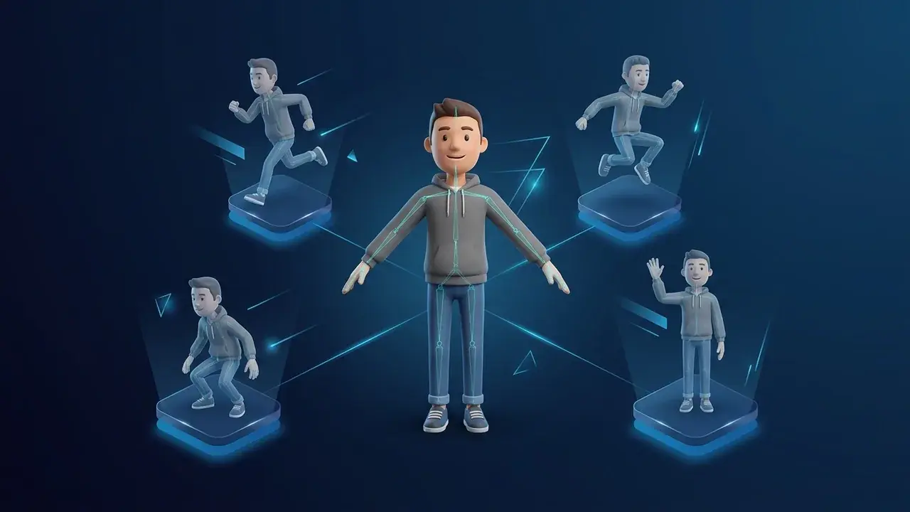 One rigged character connected to multiple animation pose clips