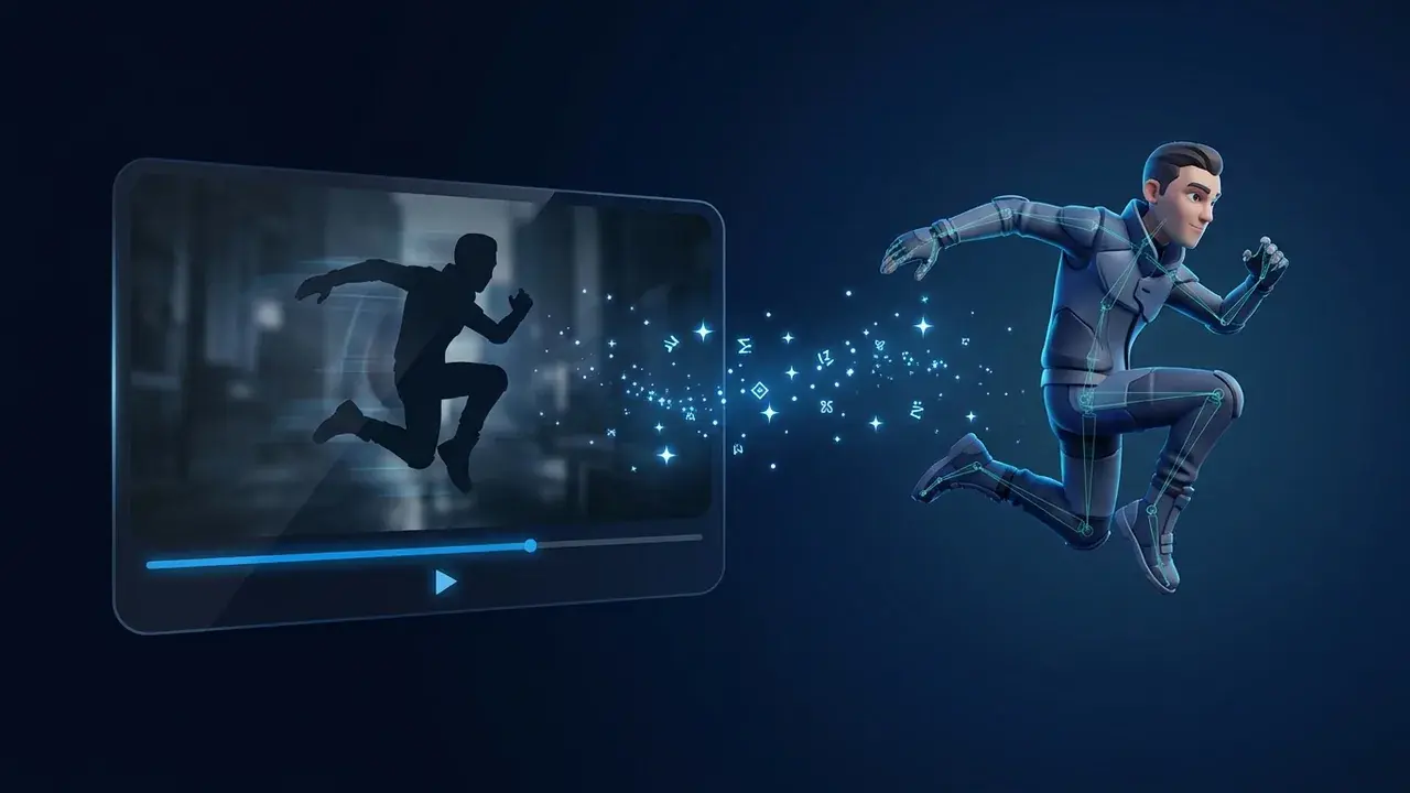 A reference video clip of a person running, with the motion transferring onto a rigged 3D character
