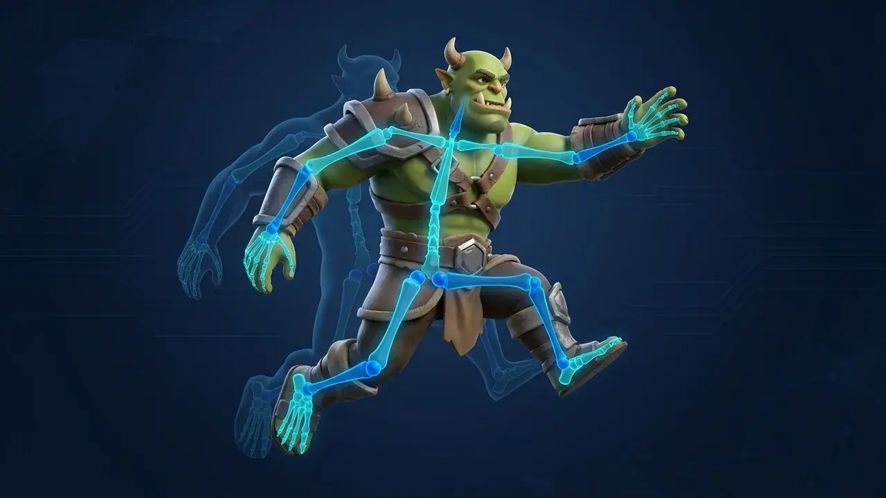 Humanoid 3D character with a skeleton rig overlay and an animation timeline