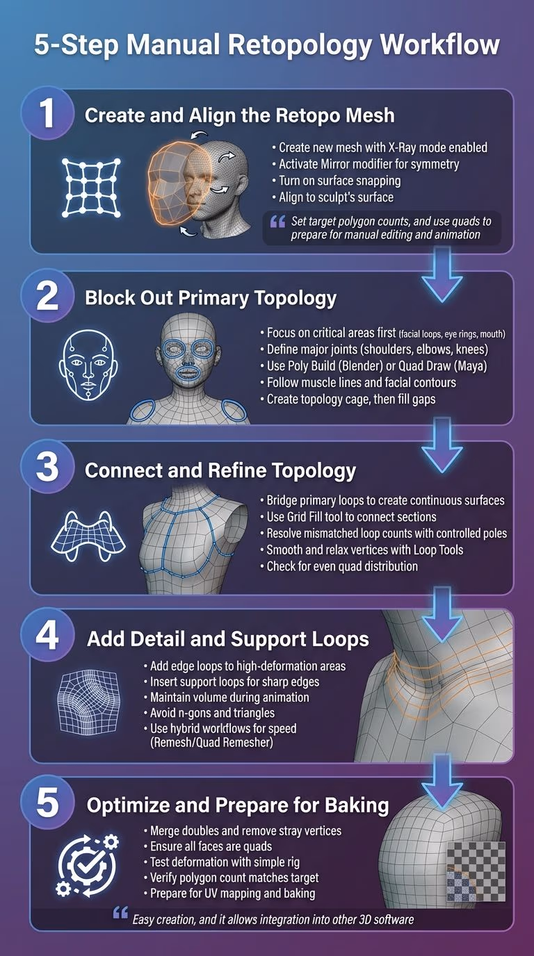 Flujo de Trabajo de Retopología Manual de 5 Pasos para Modelos 3D Esculpidos