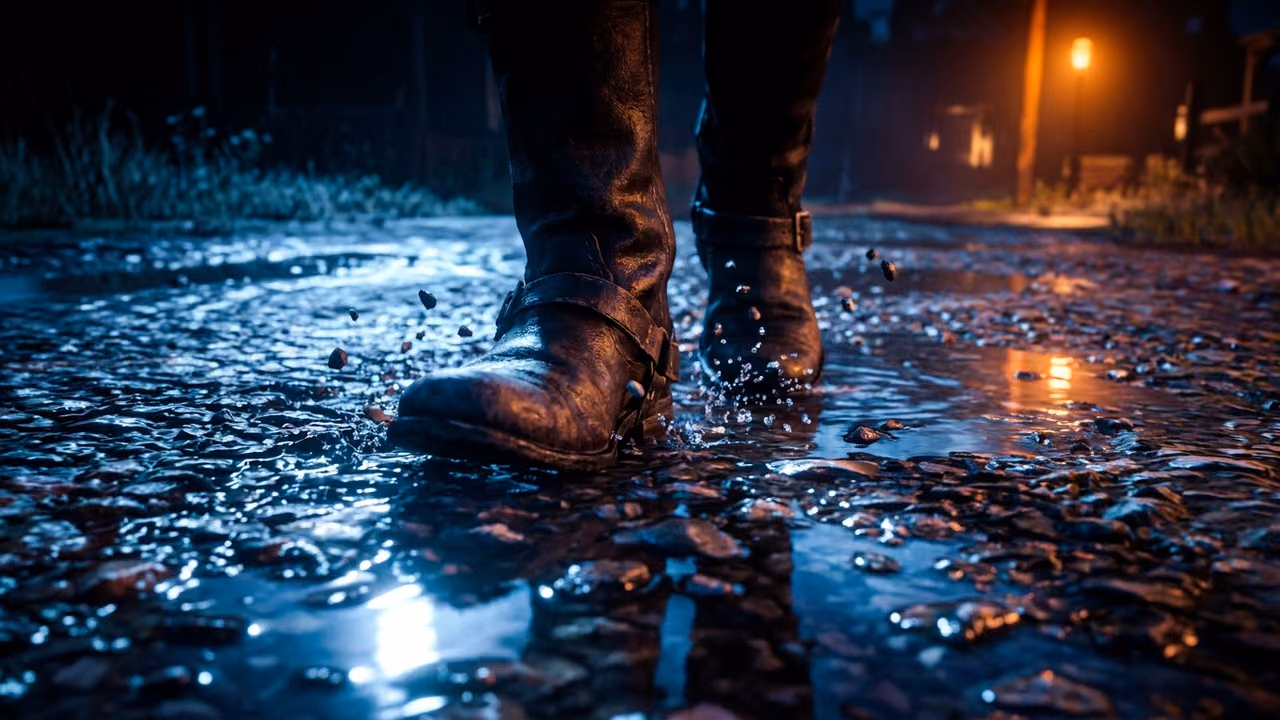 Botas de un personaje caminando sobre grava mojada de noche