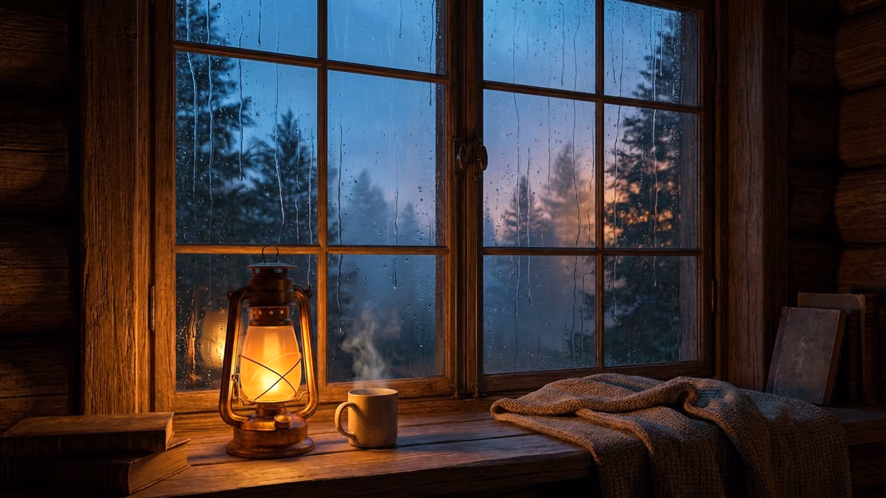 Lluvia cayendo por la ventana de una cabaña en el bosque al anochecer con una linterna encendida dentro