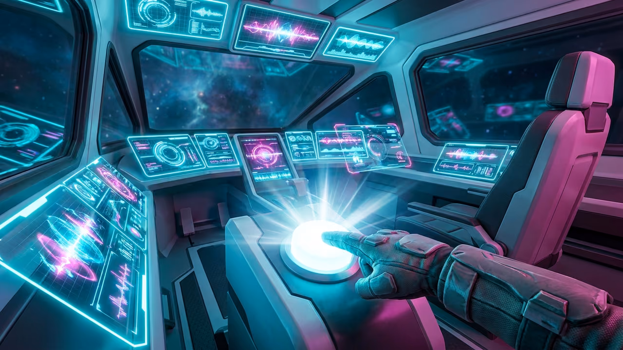 Dedo con guante presionando un botón brillante en el panel de una cabina de ciencia ficción