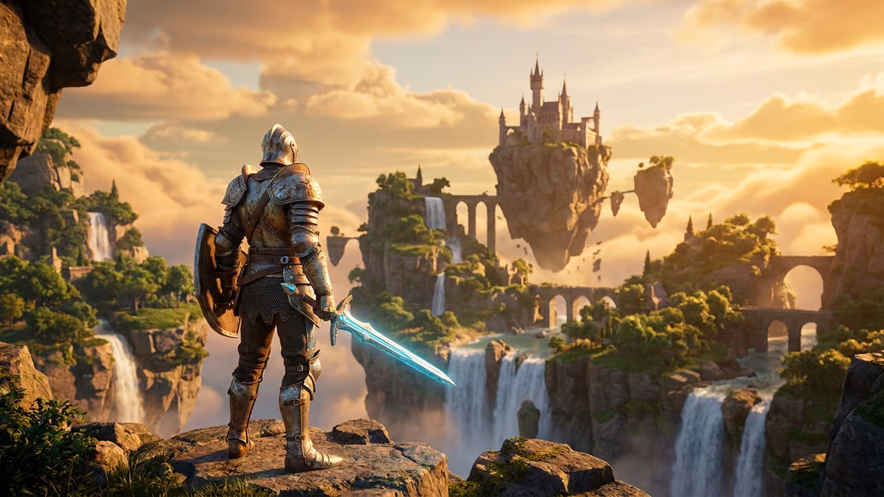 Stylized knight overlooking a fantasy valley at golden hour