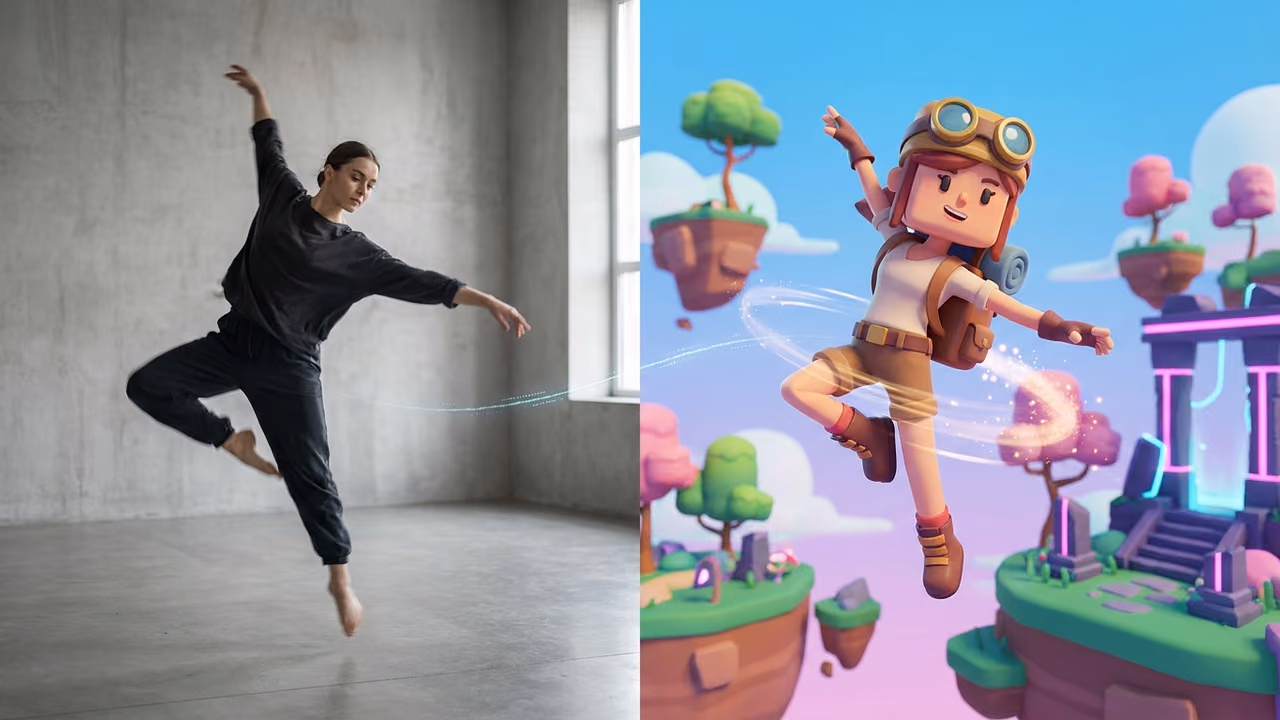 Dancer spinning on the left and a cartoon character copying the spin on the right