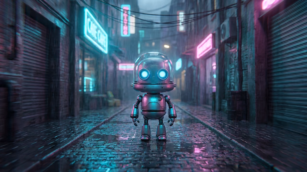 Stylized robot in a neon-lit rainy alley with camera motion blur