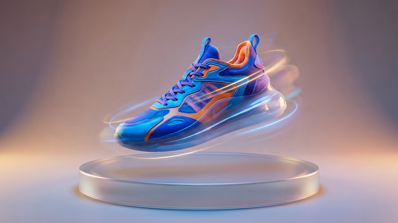 Sneaker floating above a pedestal in a studio product shot