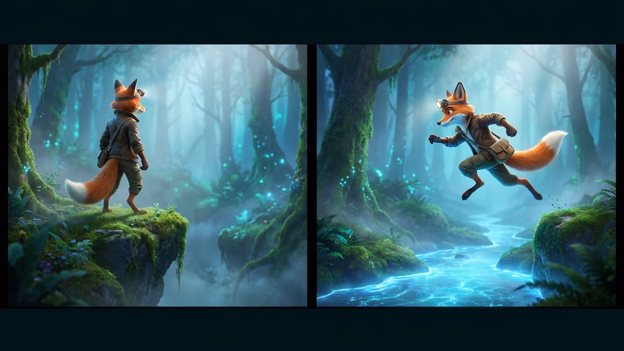 First and last frame of the same animated shot of a stylized fox adventurer