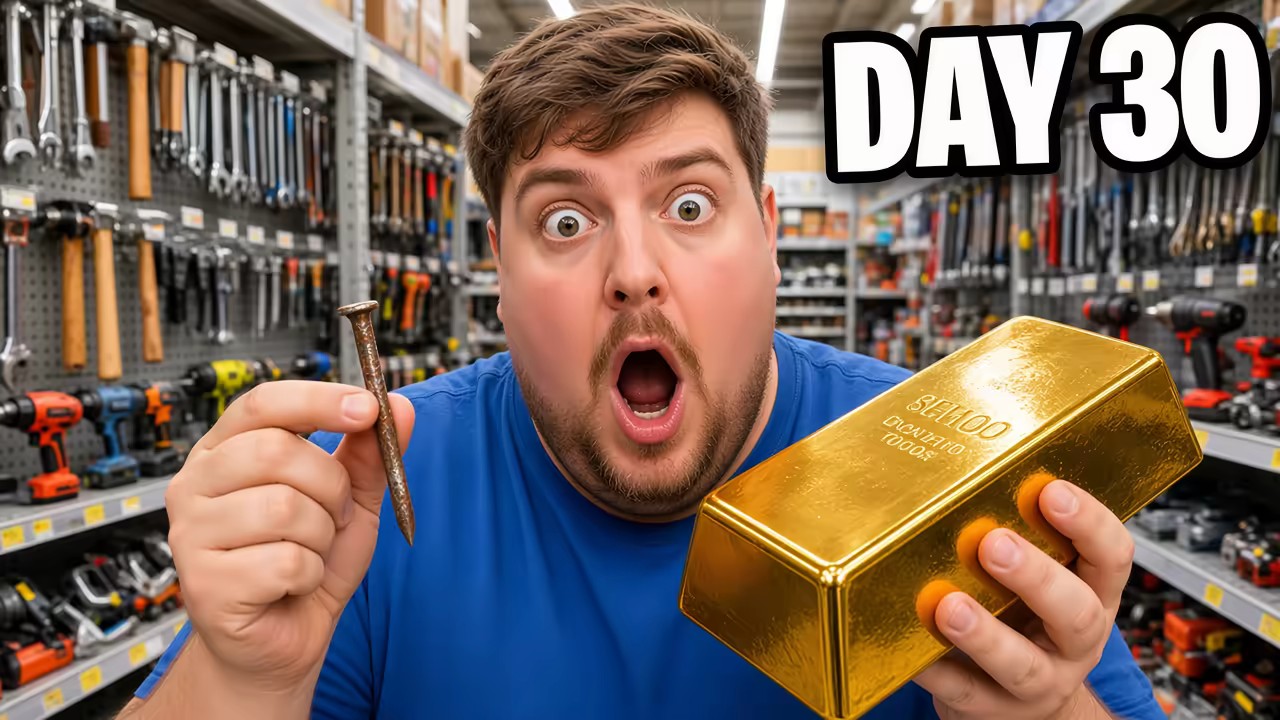 YouTube thumbnail: man in hardware store holding nail and gold bar, large outlined text "DAY 30"