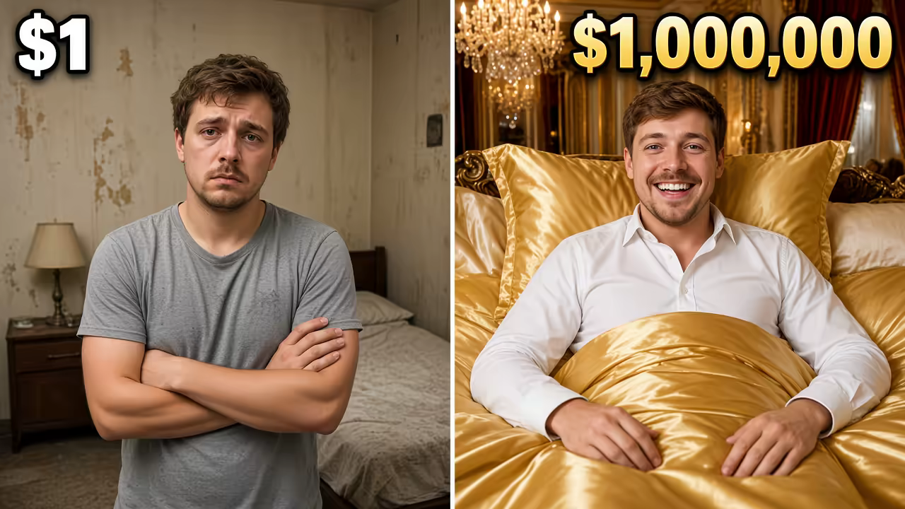 Split-screen YouTube thumbnail: $1 motel room vs $1,000,000 luxury suite with bold text