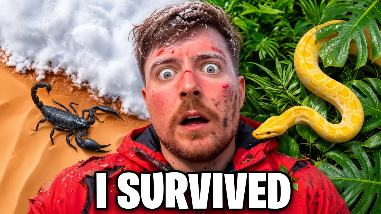 YouTube thumbnail: face split between desert and jungle environments, text "I SURVIVED"
