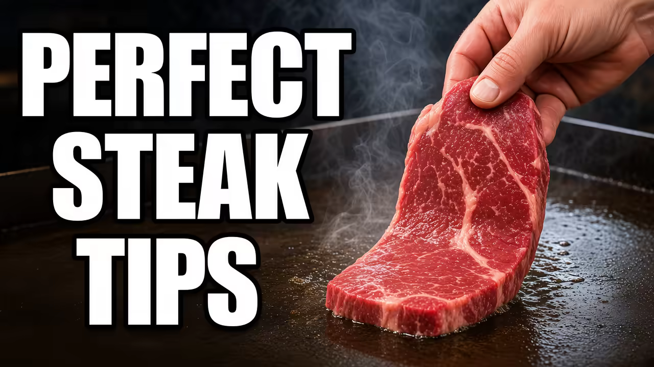 YouTube thumbnail: steak cooking on griddle with thick outlined text "PERFECT STEAK TIPS"