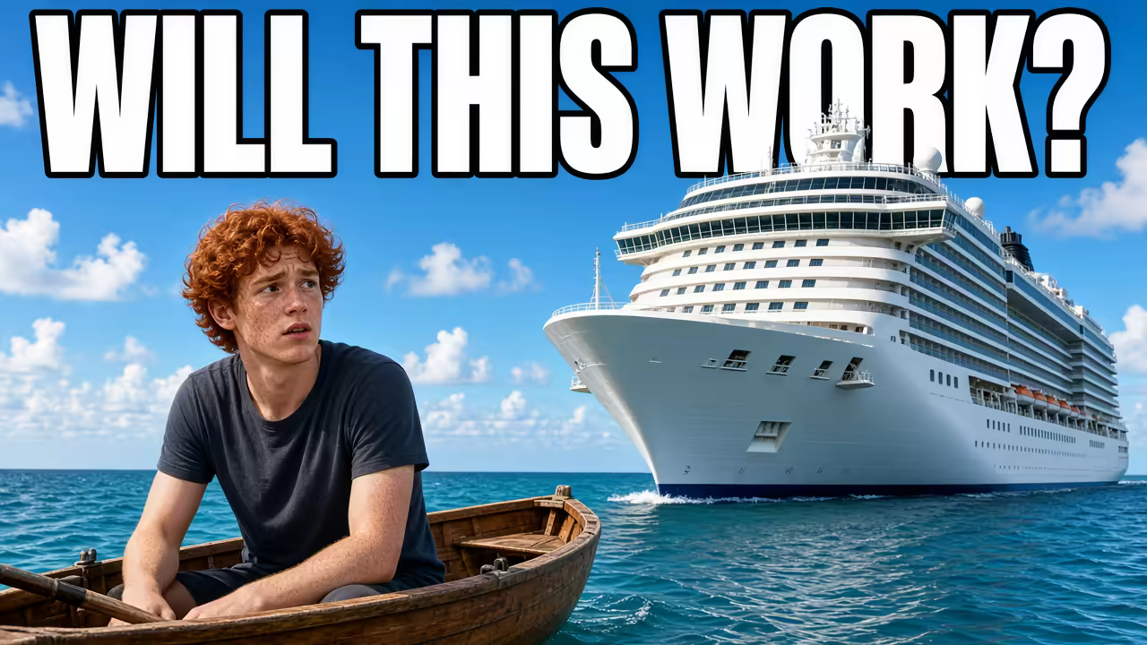 YouTube thumbnail: split composition with rowboat and cruise ship, text "WILL THIS WORK?"