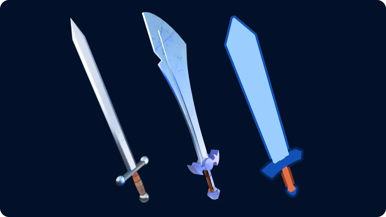 Three sword variations in different art styles