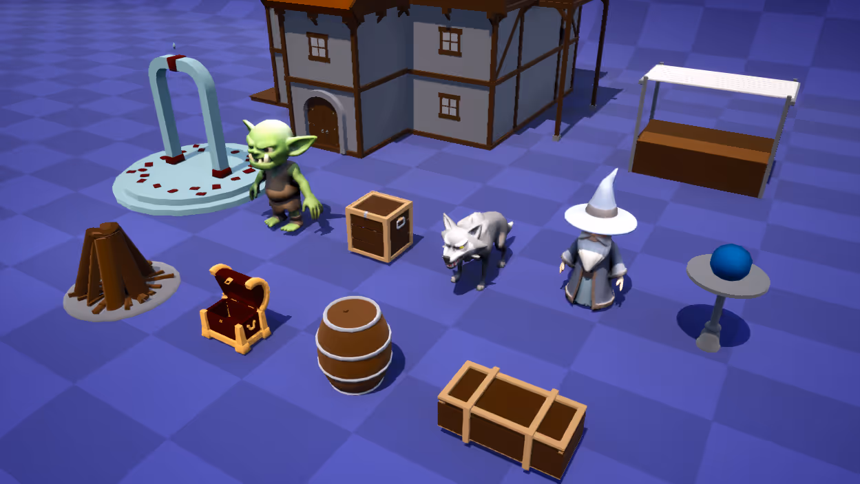 Scene with a goblin, wolf, wizard, crate, barrel, treasure chest, campfire, portal, market stall, and a house