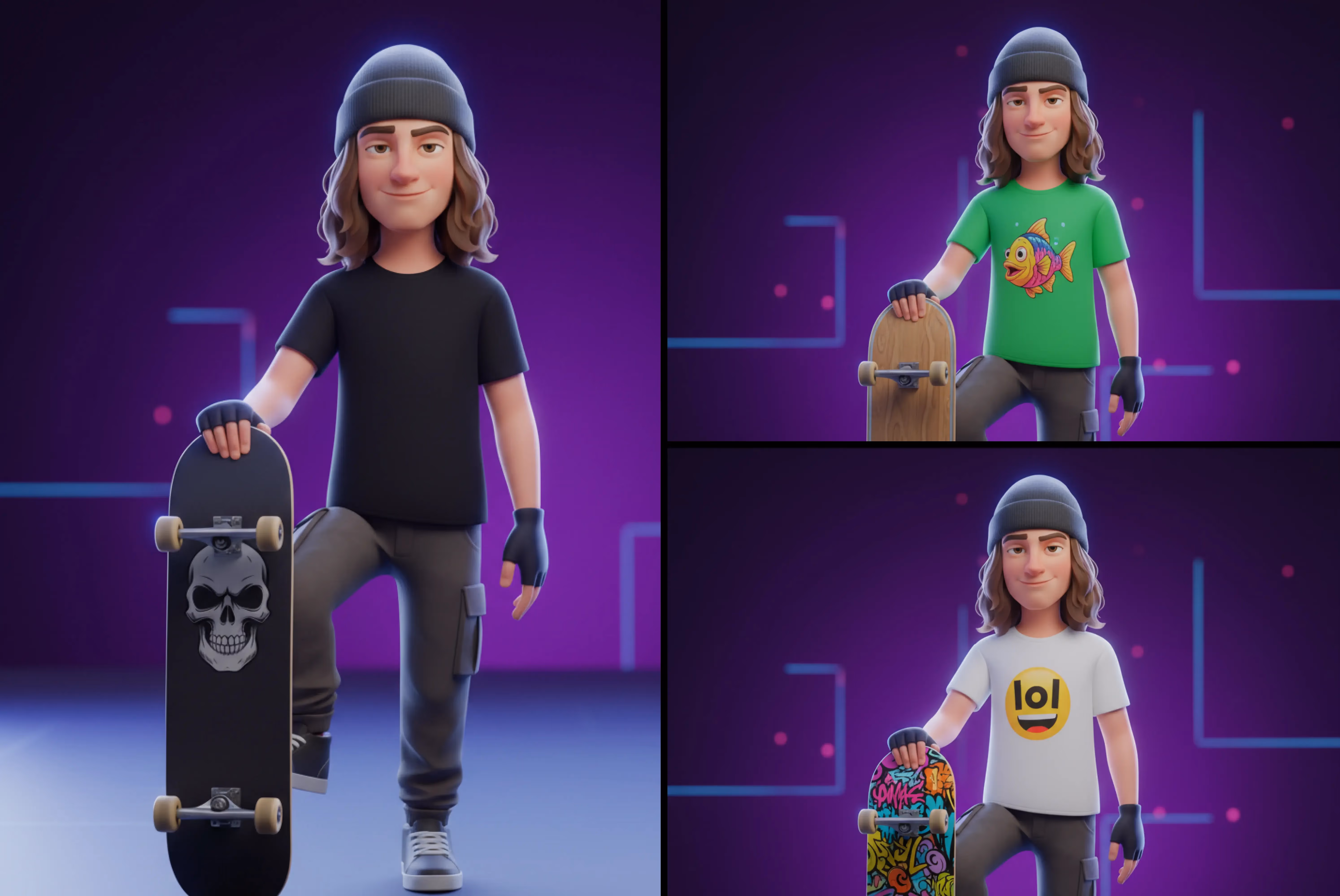 Skateboard character variations generated in a consistent style
