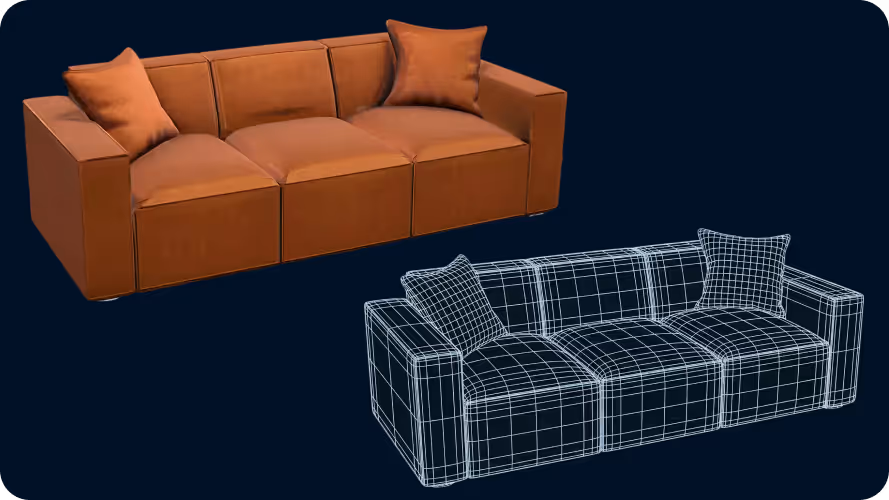 Rigged 3D model alongside its wireframe, ready for a game engine