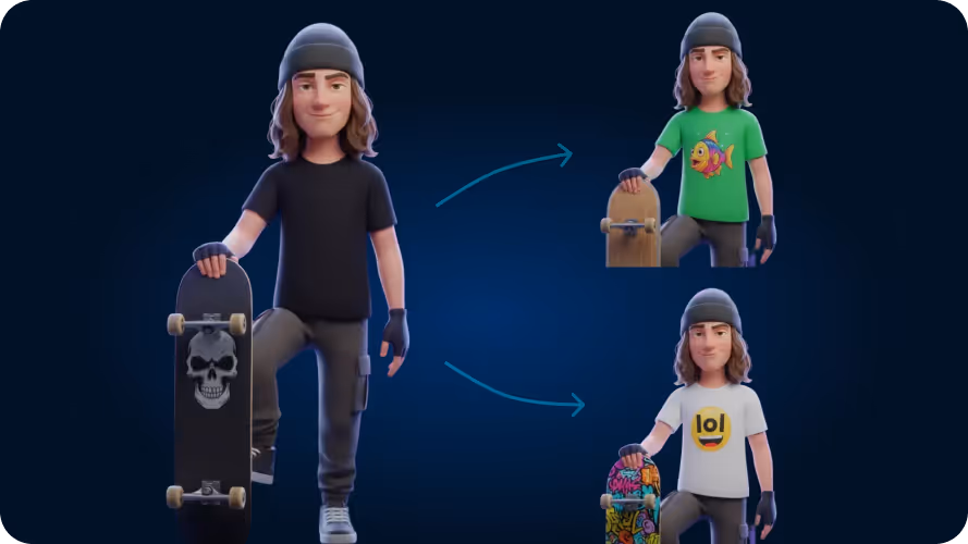 Three stylized skateboarder characters generated by Sloyd