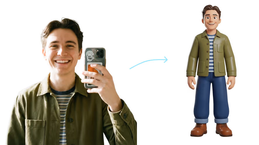 Person taking a selfie next to a 3D character version of them