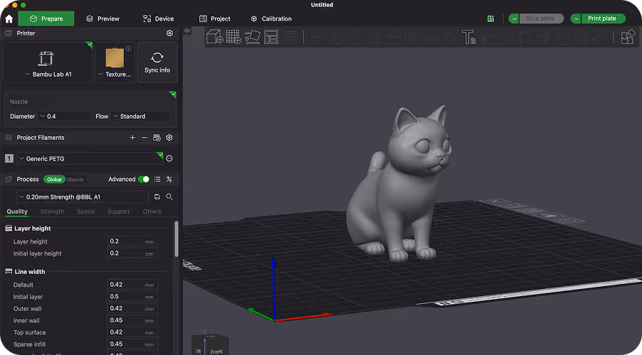 3D print slicer showing a Sloyd-generated cat model