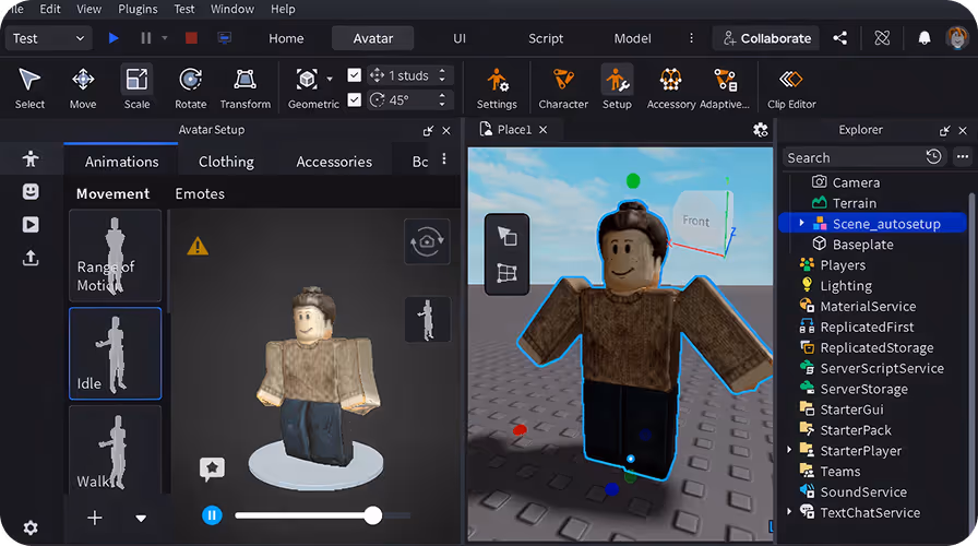 Roblox Studio editando un avatar generado por Sloyd