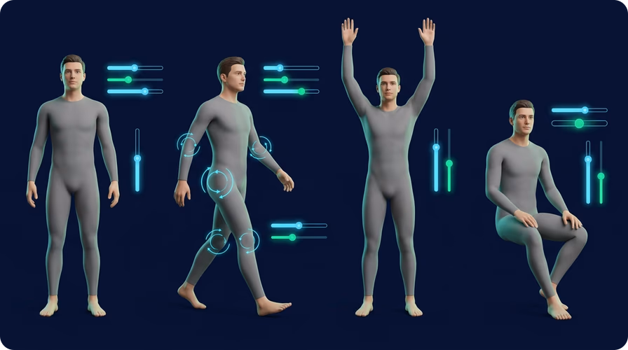3D human pose controls for arms, legs, spine, hands, and head