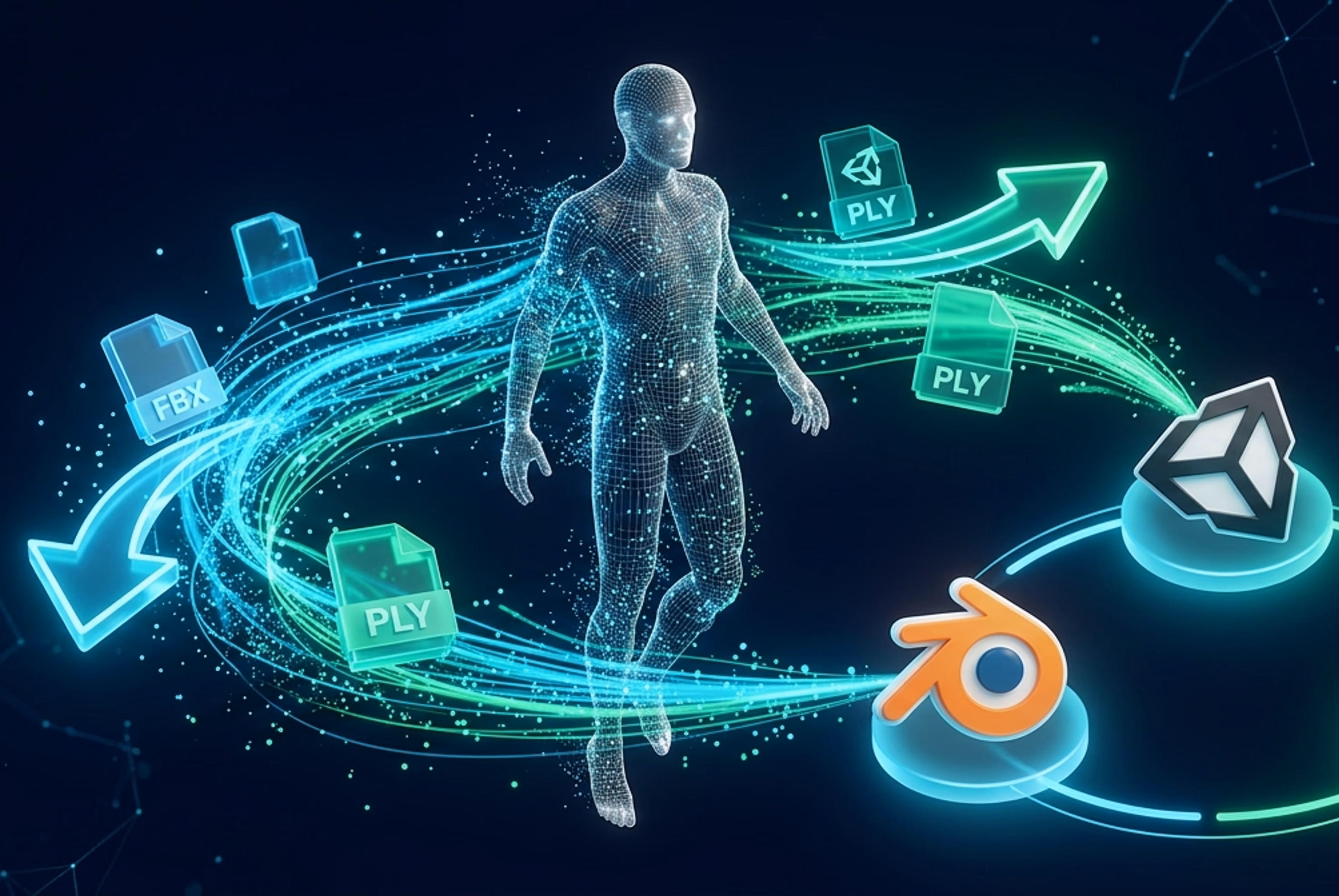 3D human figure with FBX and PLY file icons connected to Blender and Unity logos