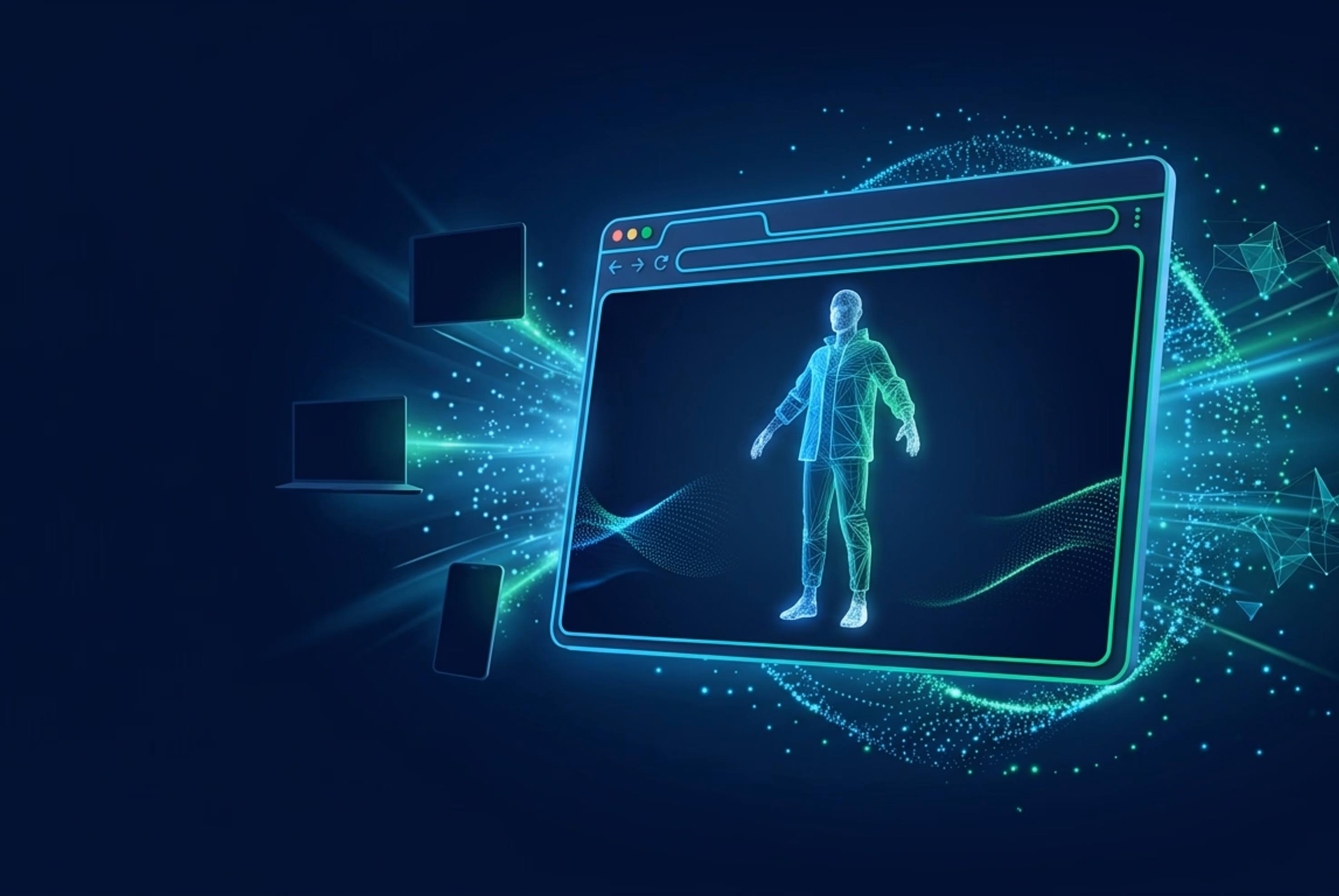 Digital wireframe of a person inside a browser window with floating devices