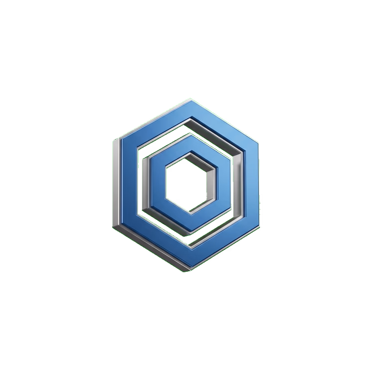 Blue metallic hexagonal logo with three nested hexagons creating a 3D effect