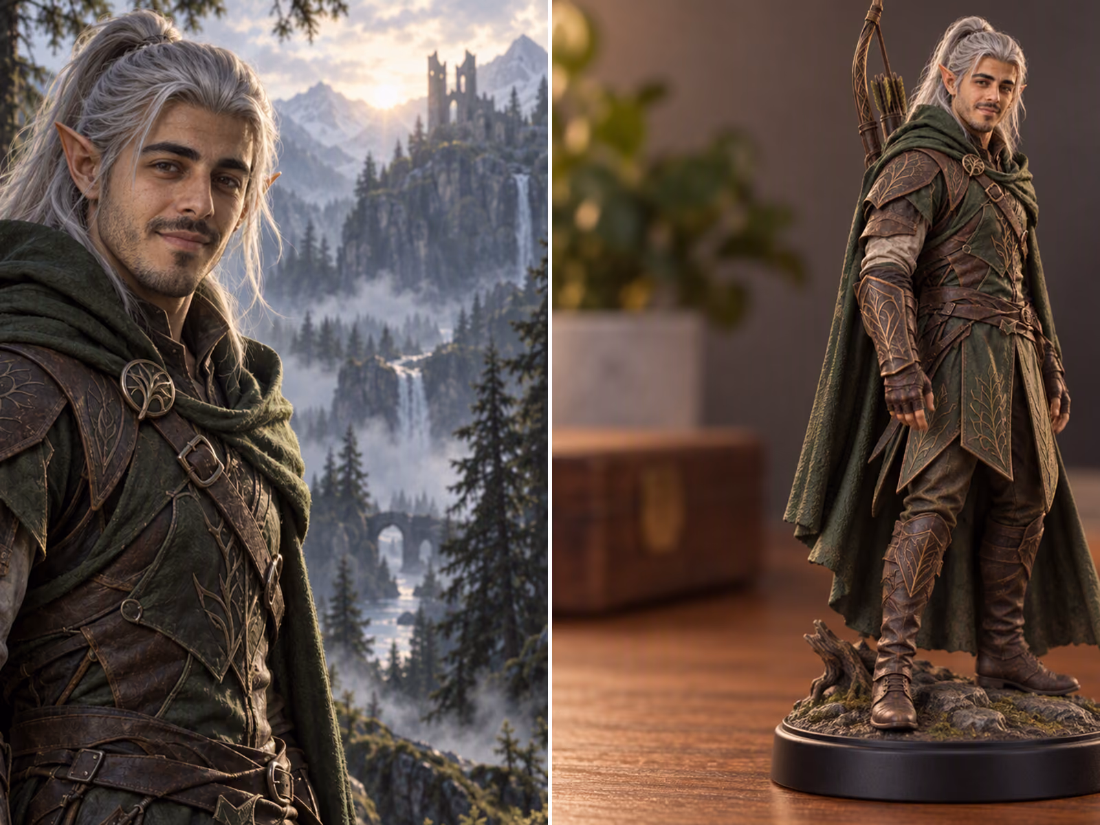 A face-swapped elven ranger illustration next to a 3D printed figurine of the same character
