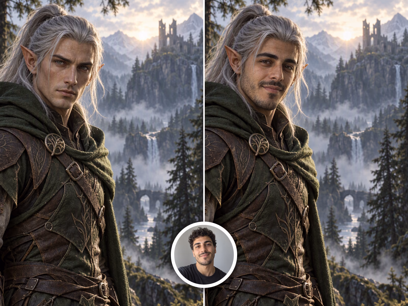 Face swap onto fantasy concept art: an elven ranger illustration redrawn with a new face in the same painterly style