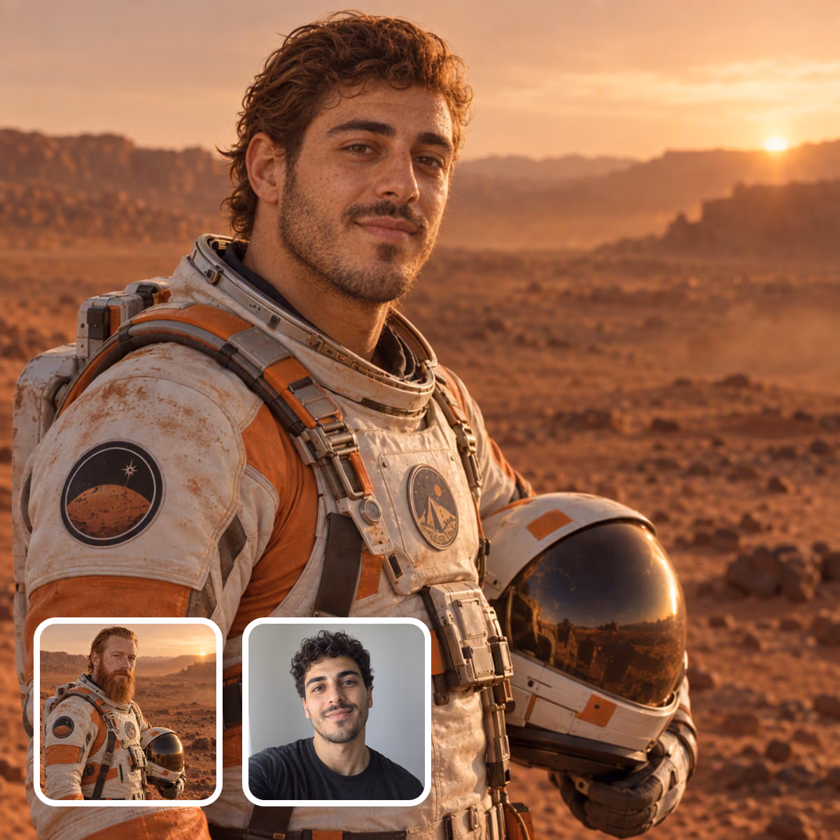 AI face swap result: a young man’s face swapped onto an astronaut on Mars, with the original photo and face photo shown as inputs