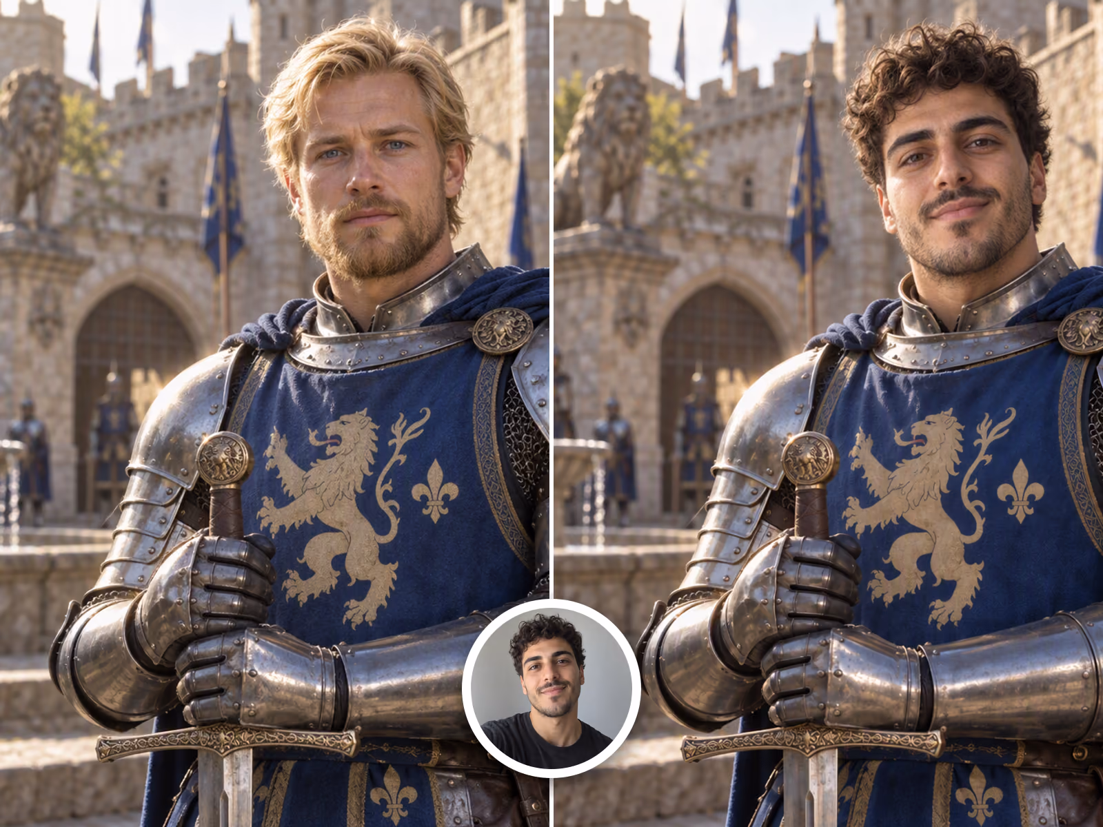 Face swap before and after: a blond knight in a castle courtyard becomes a dark-haired young man while the armor and background stay the same