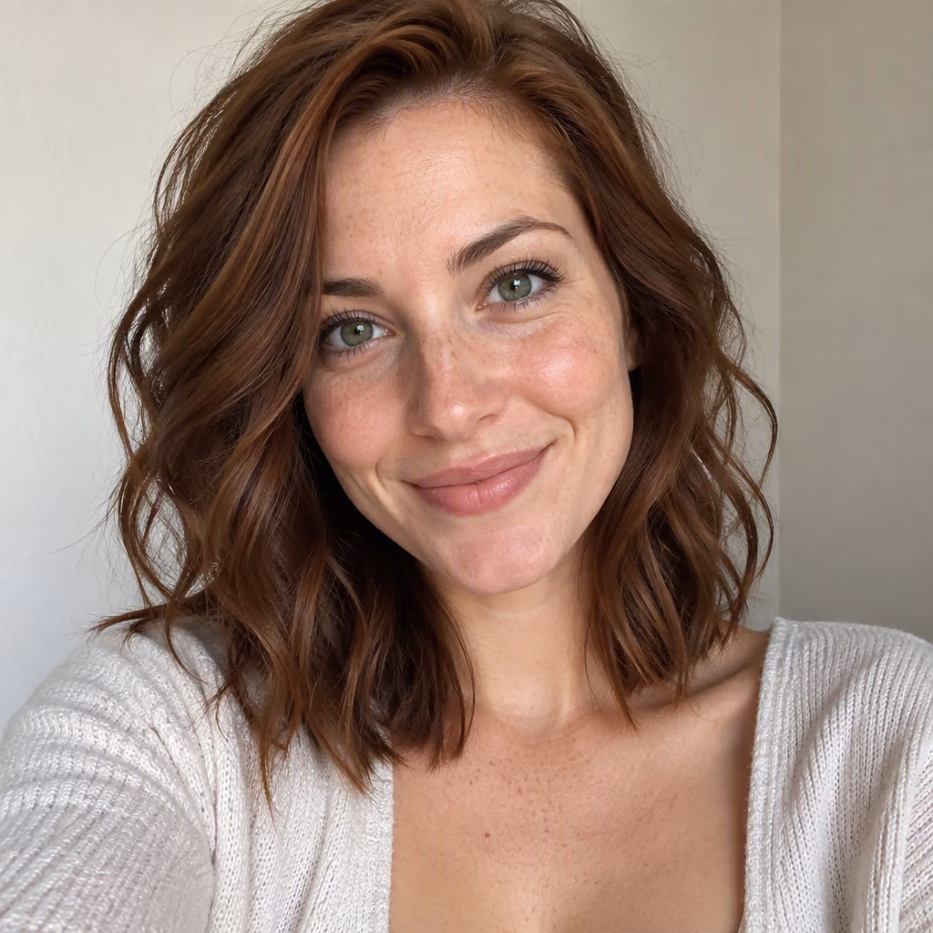 Face photo used as the face swap source: a smiling woman with wavy auburn hair and freckles