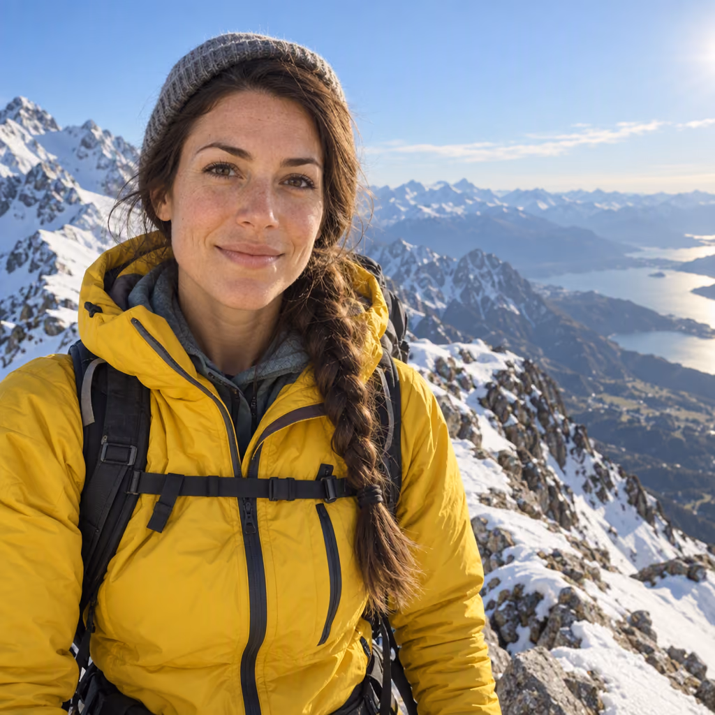 Target photo for a face swap: a woman mountaineer in a yellow jacket on a snowy alpine ridge