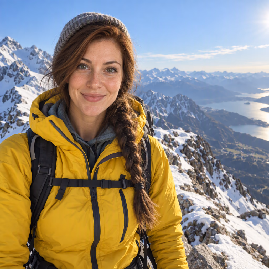 Face swap result: the same mountain photo with the freckled woman’s face blended in