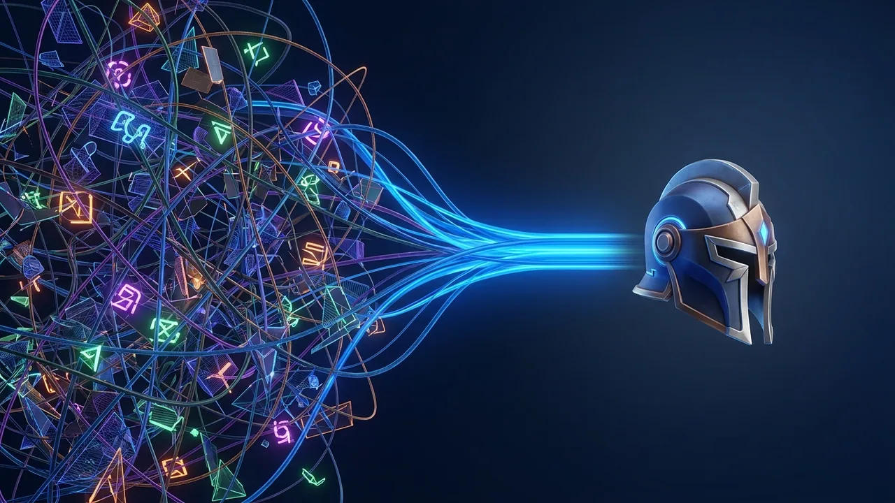 A tangle of competing AI models and formats resolving into a single finished 3D helmet