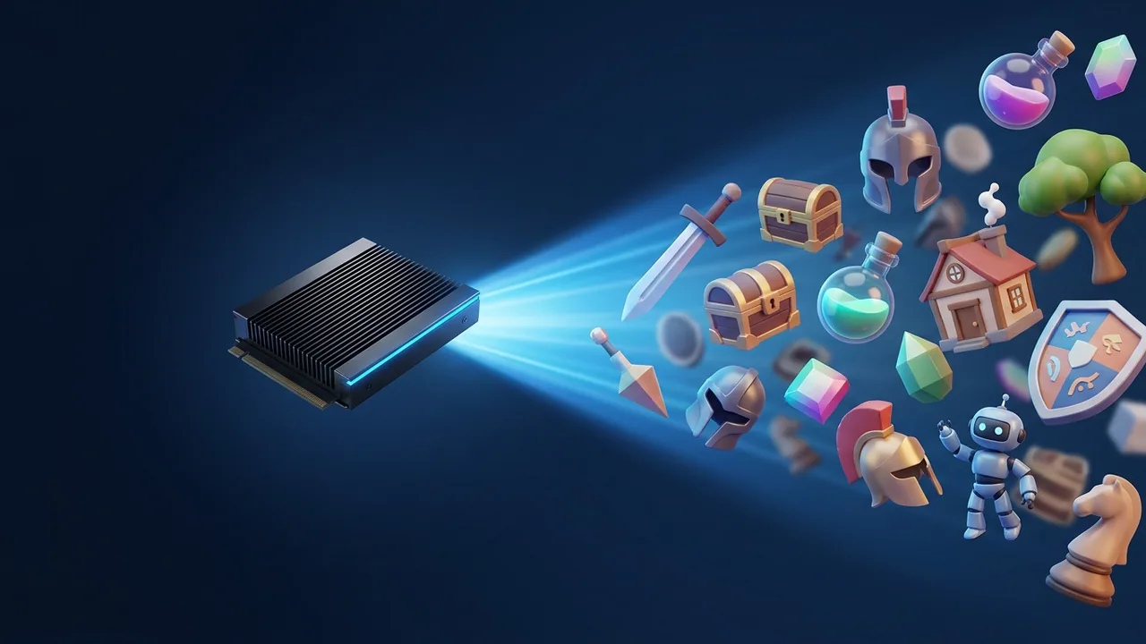 A single small GPU module producing an abundant cascade of finished 3D assets