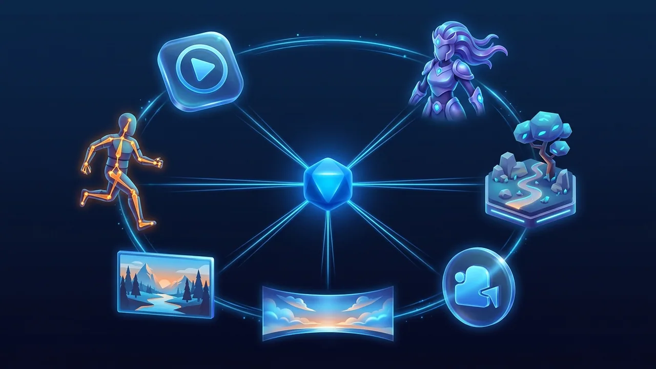One Sloyd core surrounded by a 3D character, a scene, a skybox, an image, an animation rig, and video