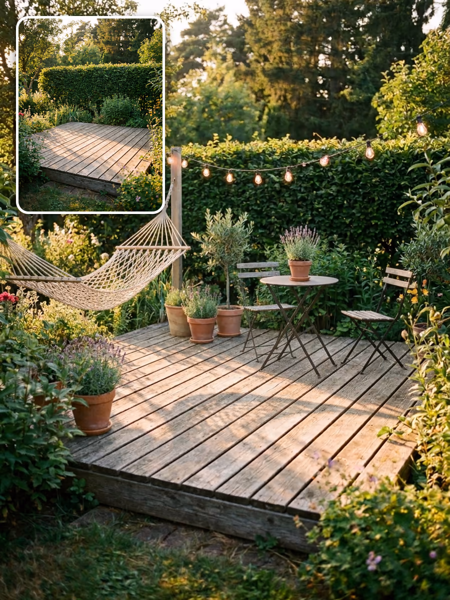 Prima e dopo: una pedana da giardino vuota allestita con un'amaca, un tavolino da bistrot, piante e luci decorative