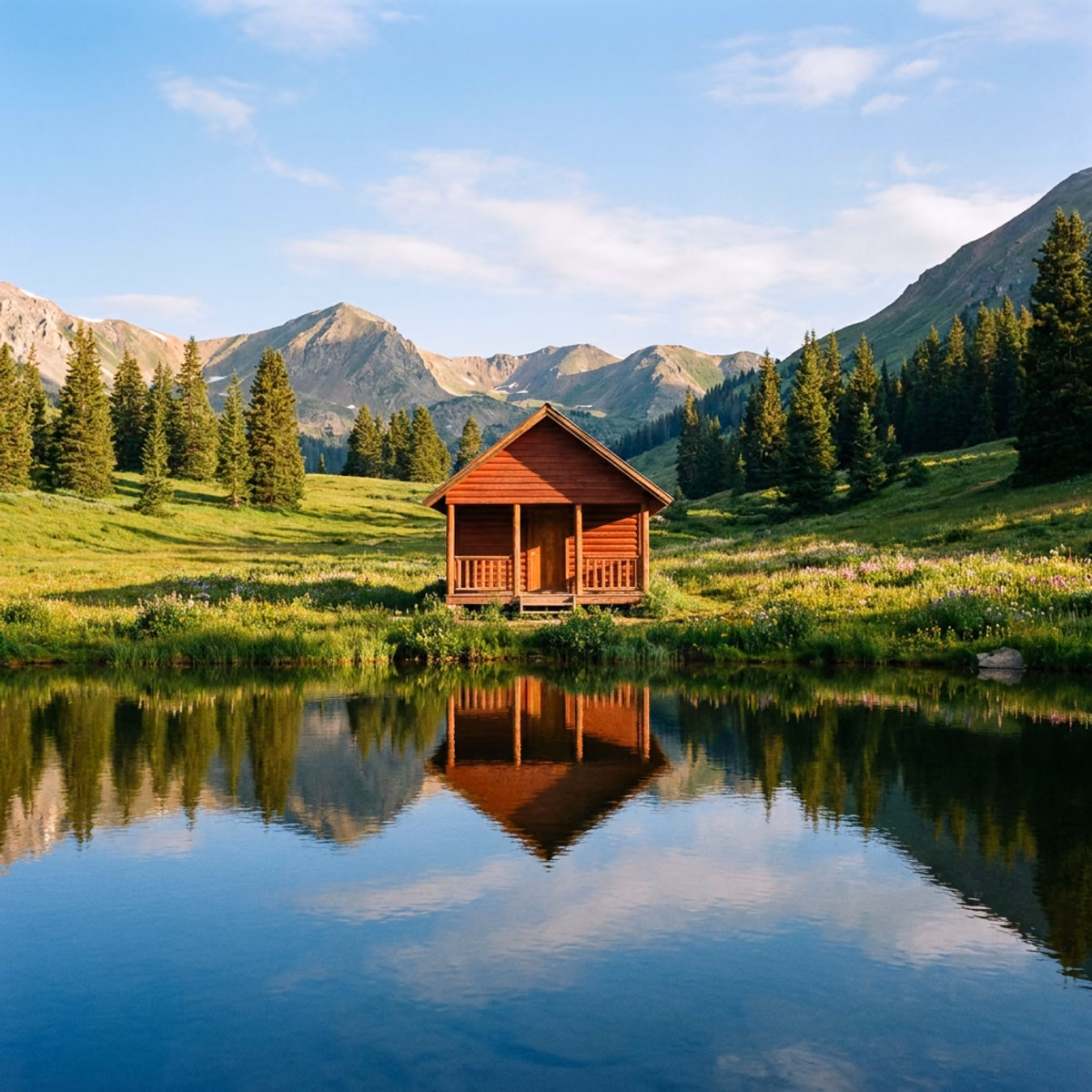 Prima: una baita di legno rossa sulle rive di un lago alpino in un pomeriggio estivo