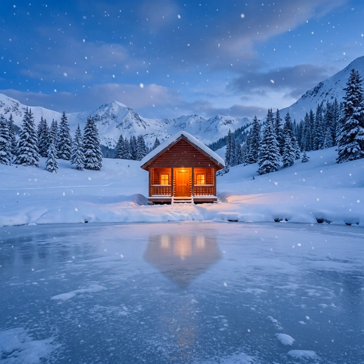 Dopo: la stessa baita sul lago in una sera d'inverno innevata, con finestre illuminate da una luce calda, modificata con l'IA a partire da un prompt di testo