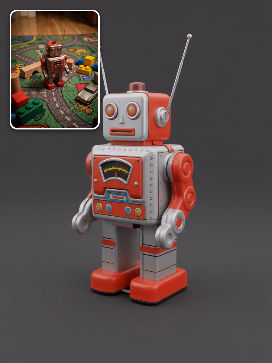 Prima e dopo: un robot giocattolo di latta su un tappeto da gioco pieno di oggetti, ripulito e trasformato in uno scatto da studio isolato per il 3D